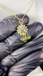Vibrant Multi-Color Crystal Flower Pendant Necklace – 18K Gold Plated 3A Premium Zircon Link Chain