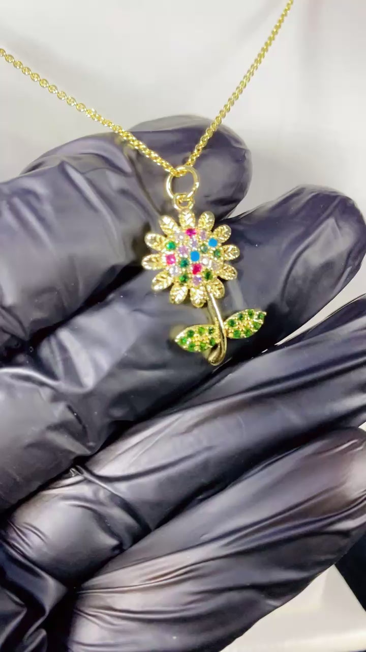 Vibrant Multi-Color Crystal Flower Pendant Necklace – 18K Gold Plated 3A Premium Zircon Link Chain