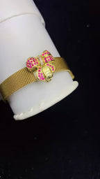 Ruby Zircon Bow Mesh Cuff Bracelet – 18K Gold Plated Statement Wristwear for Women