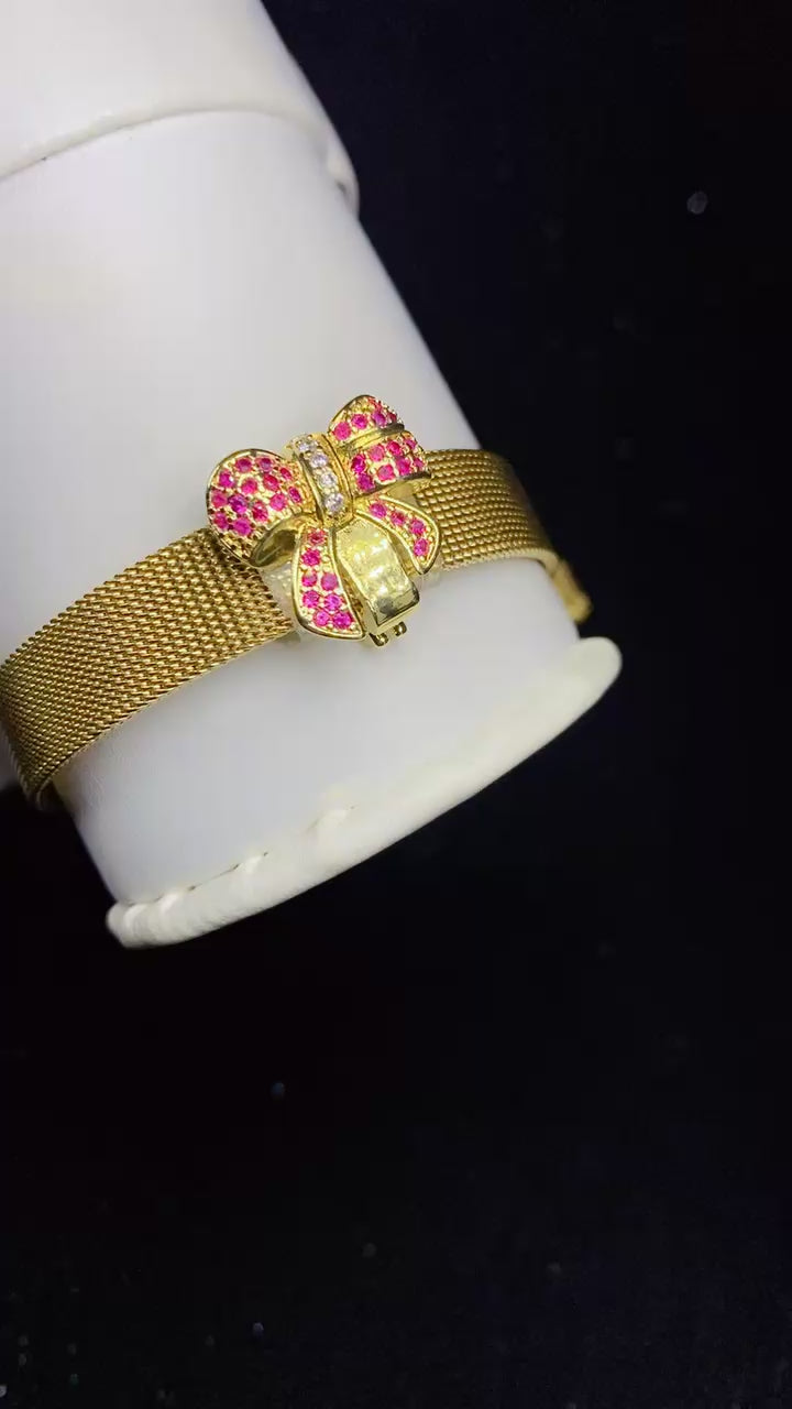 Ruby Zircon Bow Mesh Cuff Bracelet – 18K Gold Plated Statement Wristwear for Women
