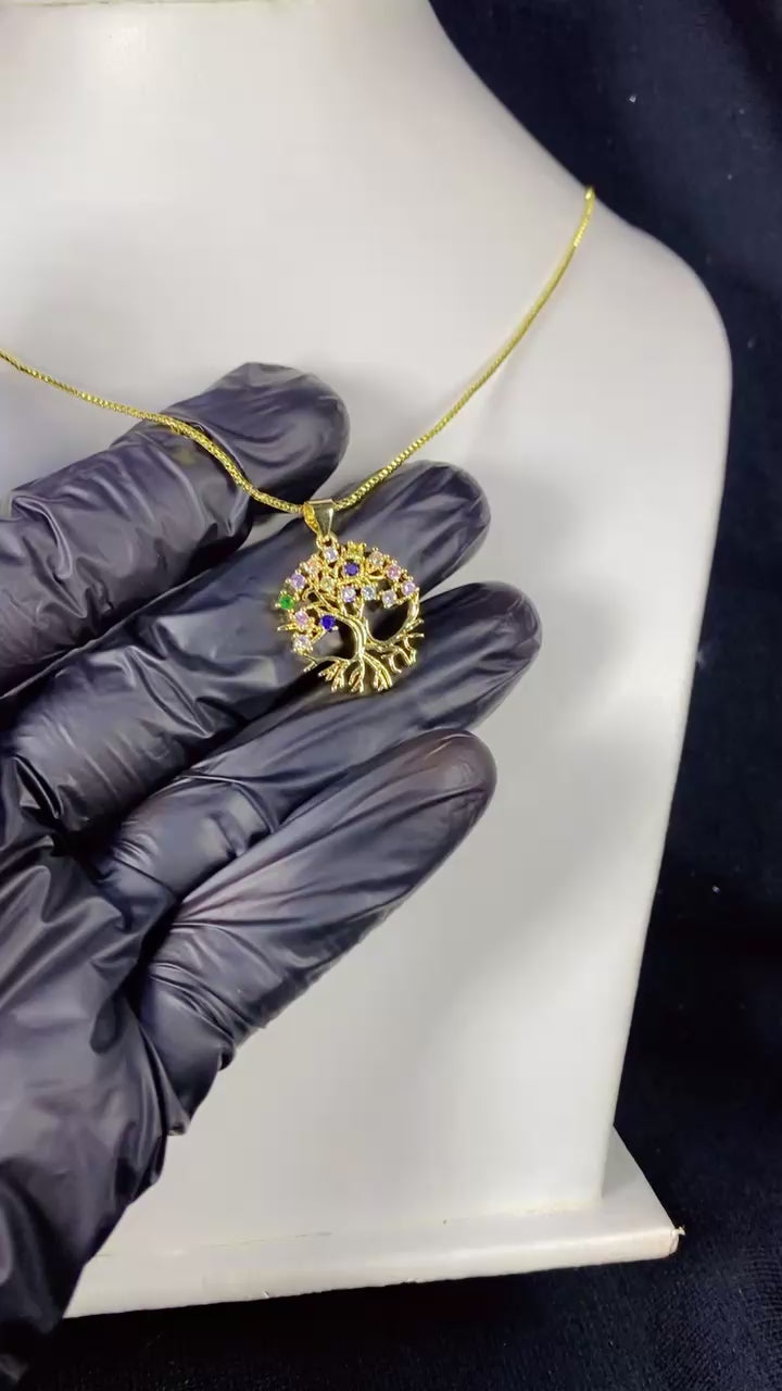 Multi-Color Gemstone Tree of Life Pendant Necklace – 18K Gold Plated Meaningful Jewellery
