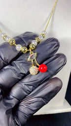 Sweet Double Cherry Crystal & Pearl Pendant Necklace – 18K Gold Plated Beaded Chain