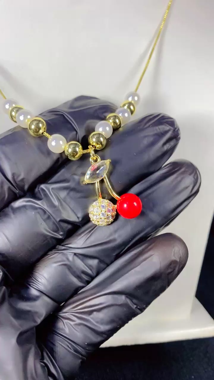 Sweet Double Cherry Crystal & Pearl Pendant Necklace – 18K Gold Plated Beaded Chain