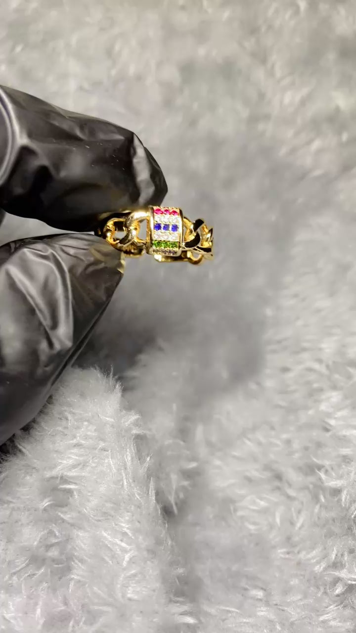 Multi-Color Zircon Lock & Cuban Link Chain Open Ring – 18K Gold Plated