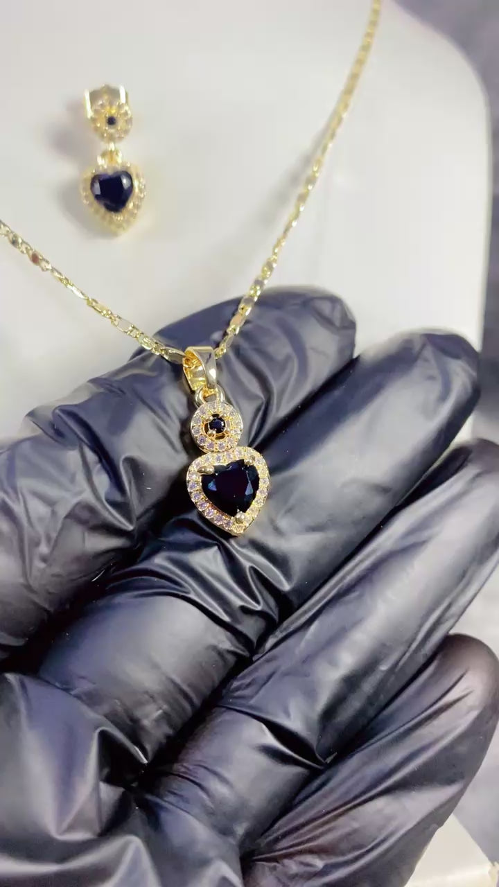 Gold-Plated Black Zircon Heart Pendant Necklace and Earring Set