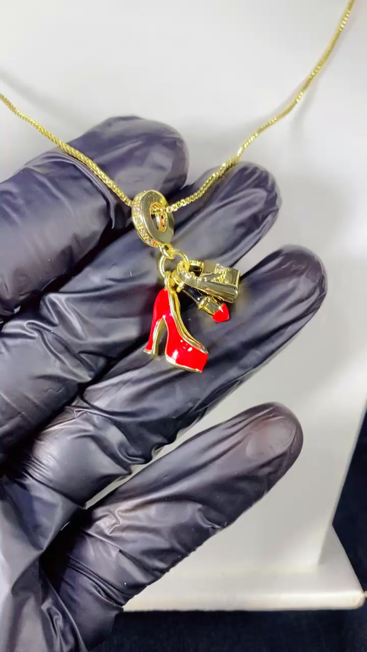 Chic Red High Heel, Lipstick & Handbag Multi-Charm Pendant Necklace
