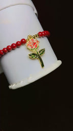 Gold-Plated Deep Red Pearl and Gold Bead Rose Charm Bracelet