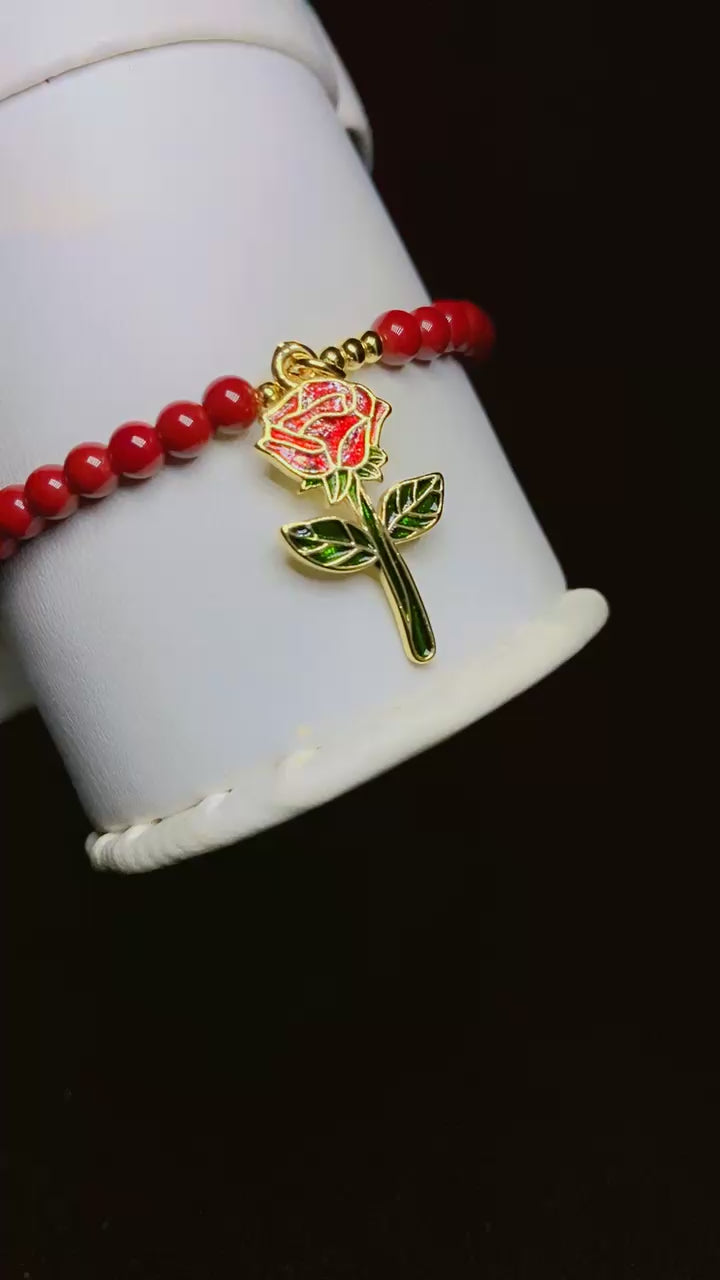 Gold-Plated Deep Red Pearl and Gold Bead Rose Charm Bracelet