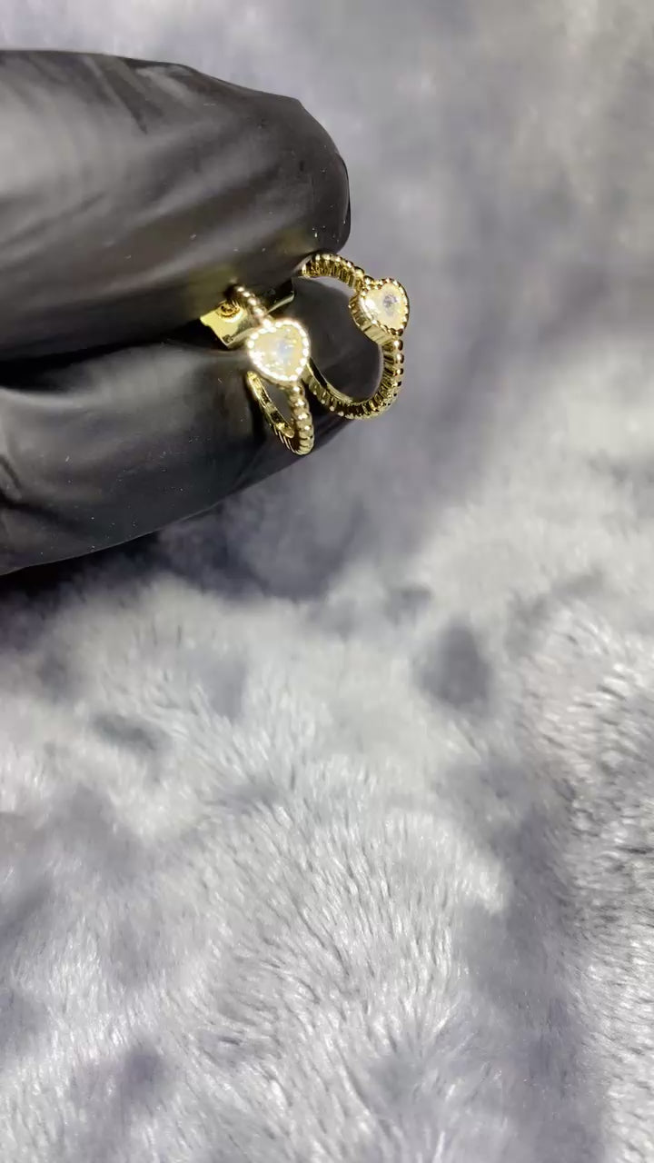 Beaded Heart Huggie Hoop Earrings – 18K Gold Plated Zircon Statement Jewellery