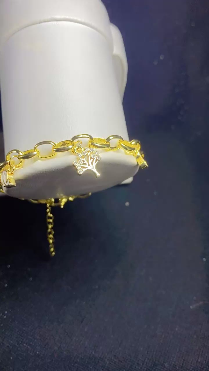 Gold-Plated Multi-Charm Paperclip Link Chain Bracelet