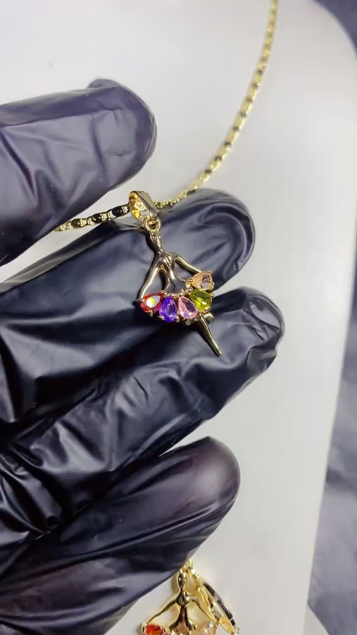 Gold-Plated Multi-Color Zircon Ballerina Pendant Necklace and Earring Set