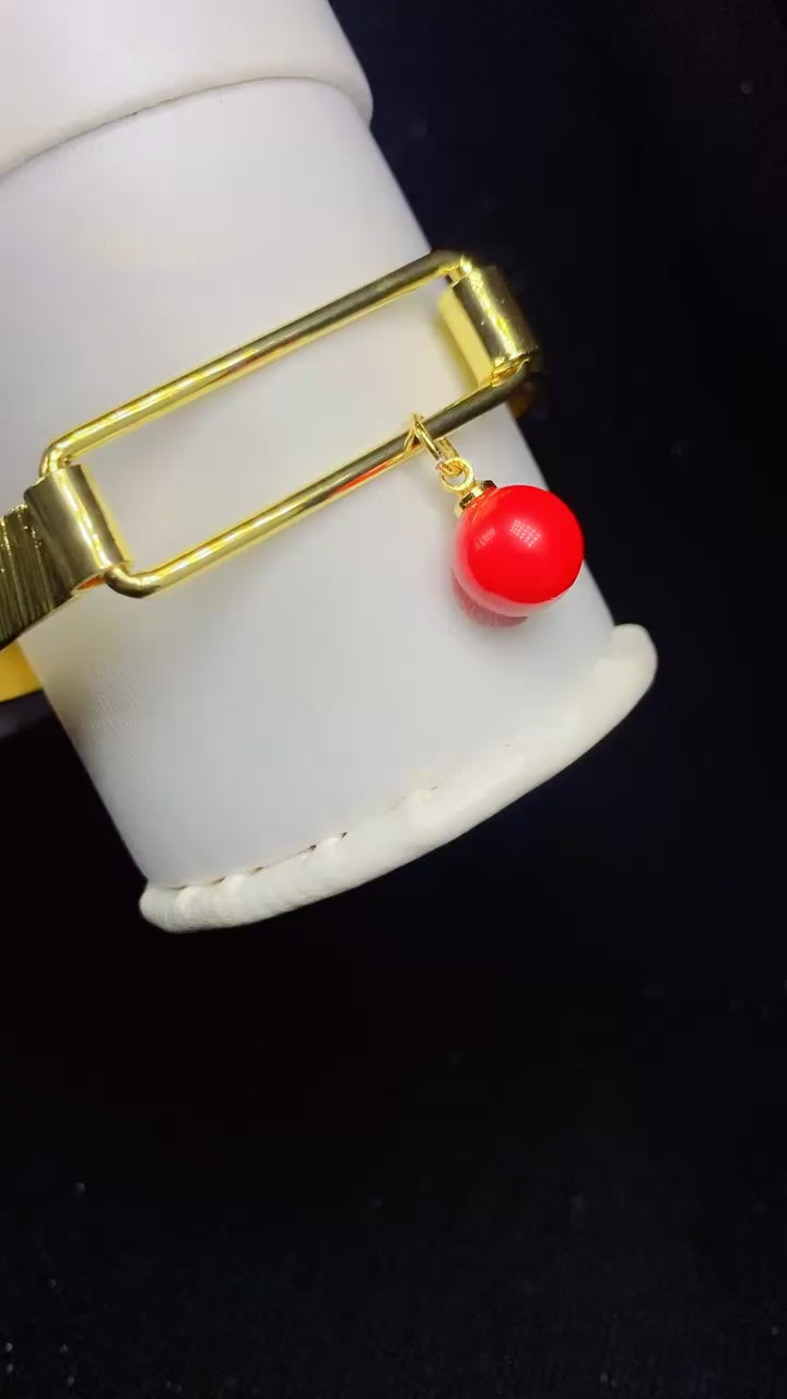 Gold-Plated Bright Red Enamel Ball Charm Bangle Bracelet