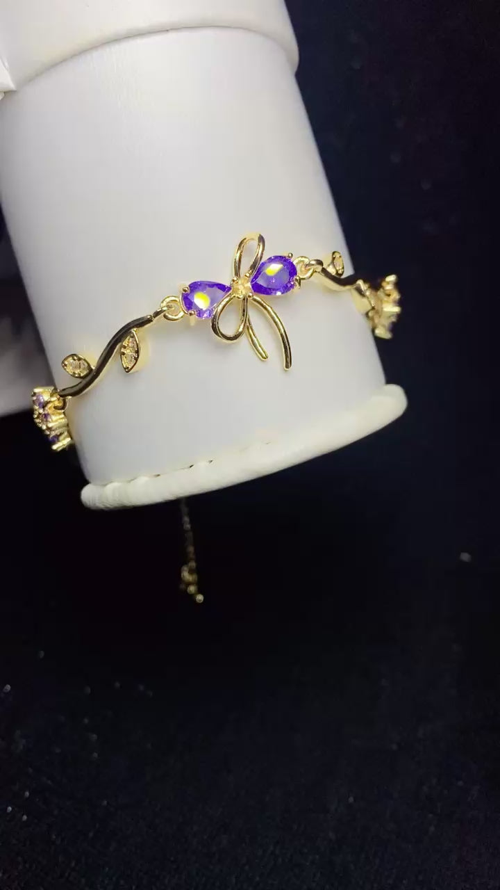 Elegant Purple Zircon Floral Vine & Bow Bracelet – 18K Gold Plated Adjustable Wrist Jewellery
