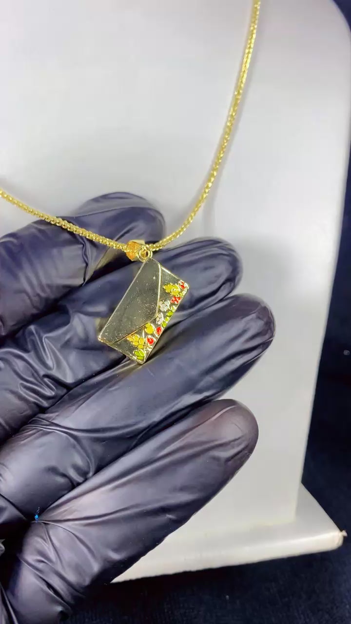 Floral Enamel Envelope Locket Pendant Necklace – 18K Gold Plated Secret Message