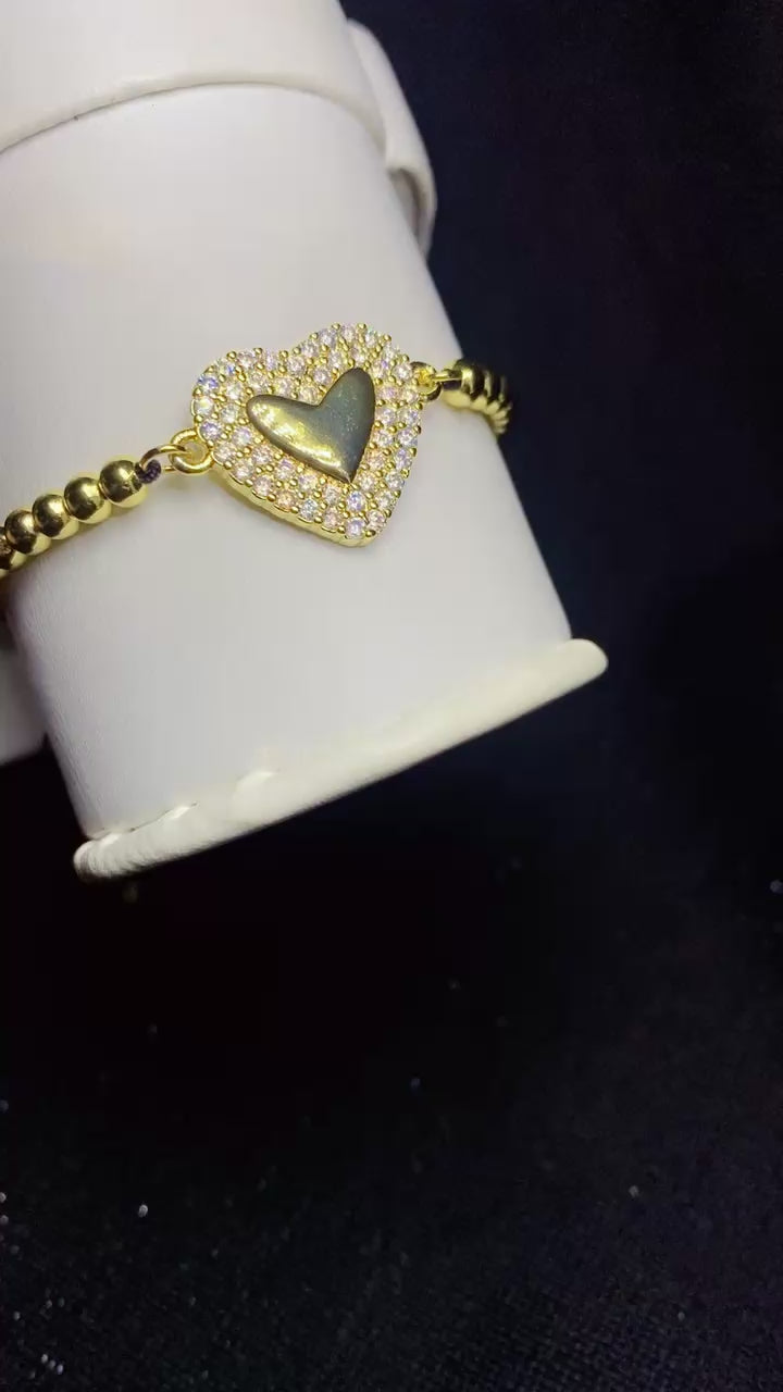 Luxury Beaded Pavé Zircon Heart Adjustable Bracelet – 18K Gold Plated Bead Chain Bracelet