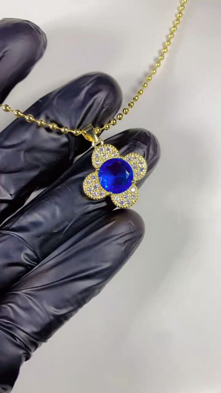 Blue Crystal Four-Leaf Clover Ball Chain Necklace – 18K Gold Plated Gemstone