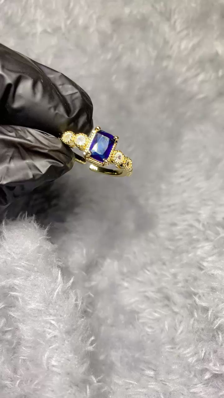 Gold-Plated Emerald-Cut Blue Zircon Crystal Statement Ring