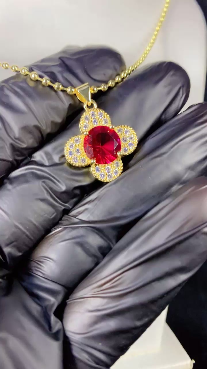 Ruby Red Crystal Four-Leaf Clover Ball Chain Necklace – 18K Gold Plated Gemstone