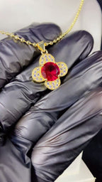 Ruby Red Crystal Four-Leaf Clover Ball Chain Necklace – 18K Gold Plated Gemstone