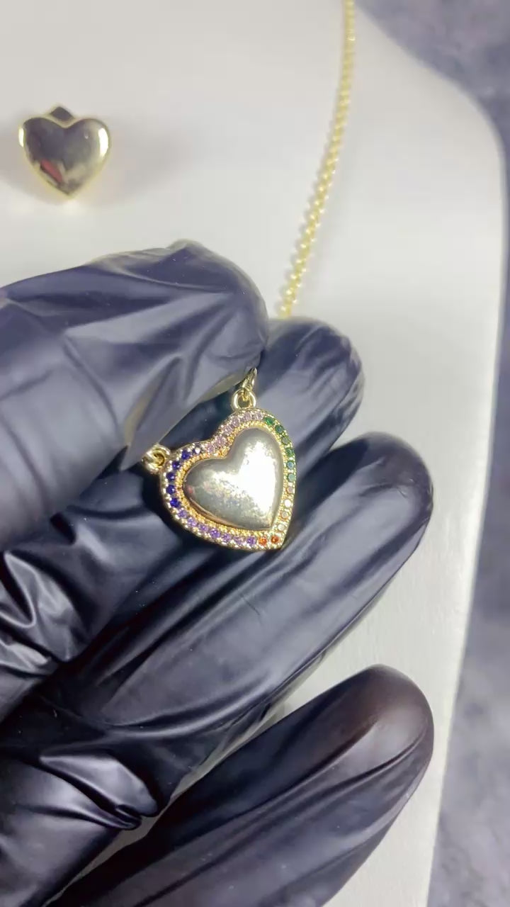 Rainbow Zircon Heart Pendant Necklace & Black Enamel Heart Stud Earrings Set