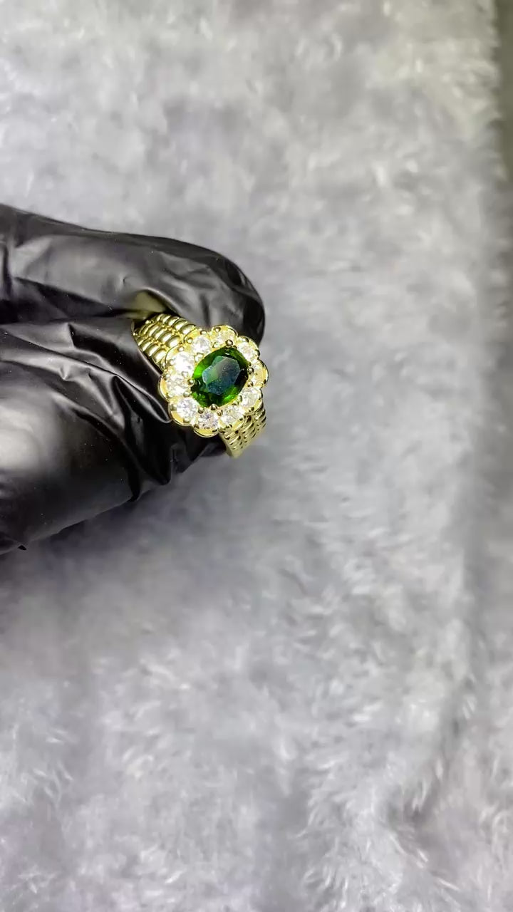 Regal Emerald Green Zircon Cluster Statement Ring – 18K Gold Plated Halo Ring