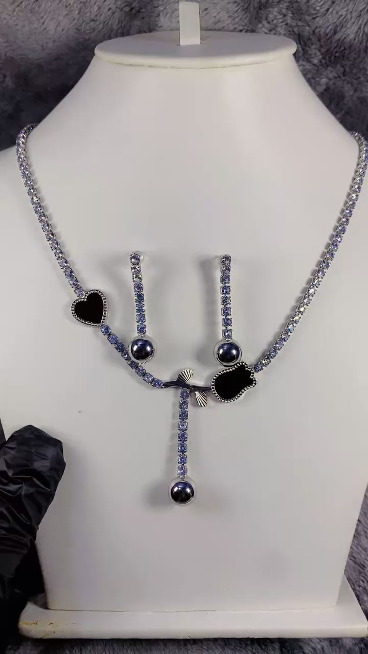 Silver-Plated Black Zircon Lariat Necklace and Ball Earring Set
