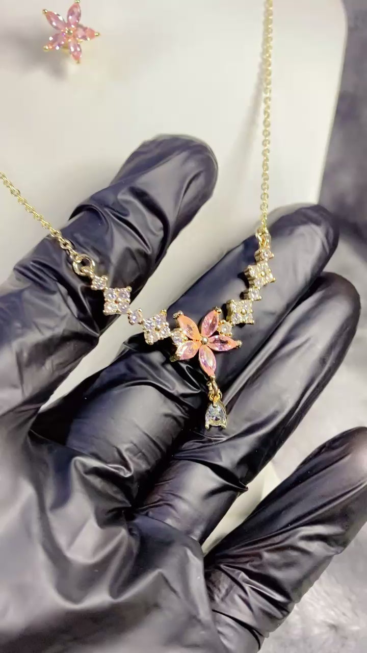 Pink Blossom Zircon Floral Pendant Necklace & Stud Earrings Set