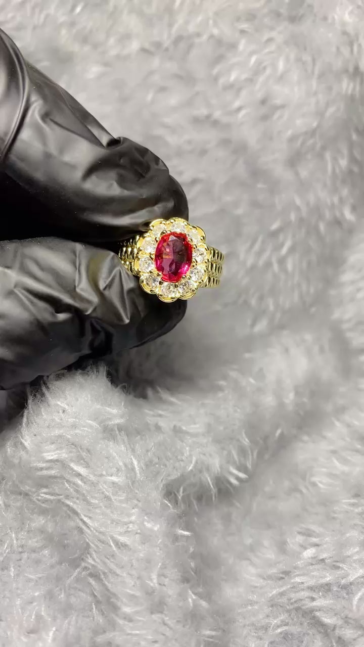Royal Ruby Red Zircon Cluster Statement Ring – 18K Gold Plated Halo Ring