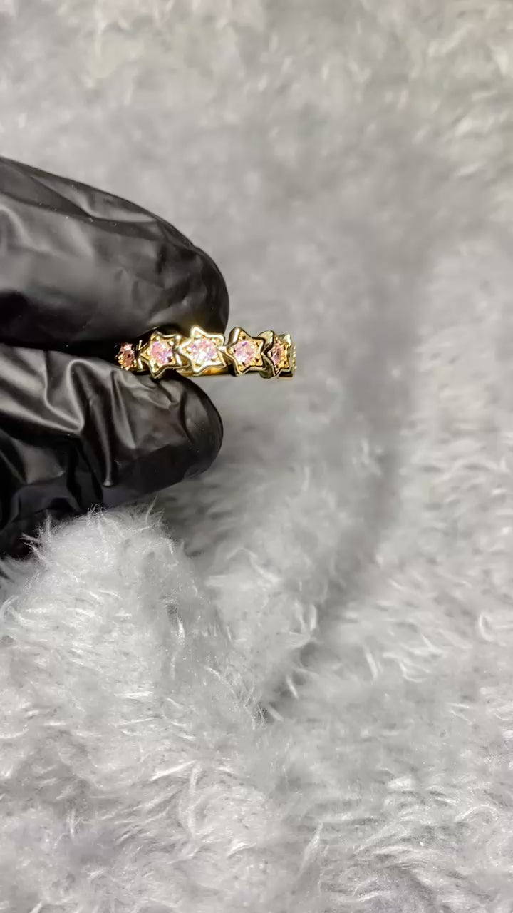 Gold-Plated Pink Star Crystal Eternity Band – Adjustable Celestial Ring