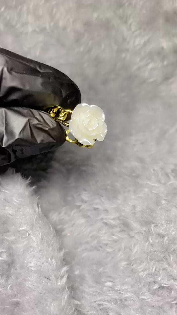 Gold-Plated White Rose Chain Ring – Adjustable Floral Statement Band