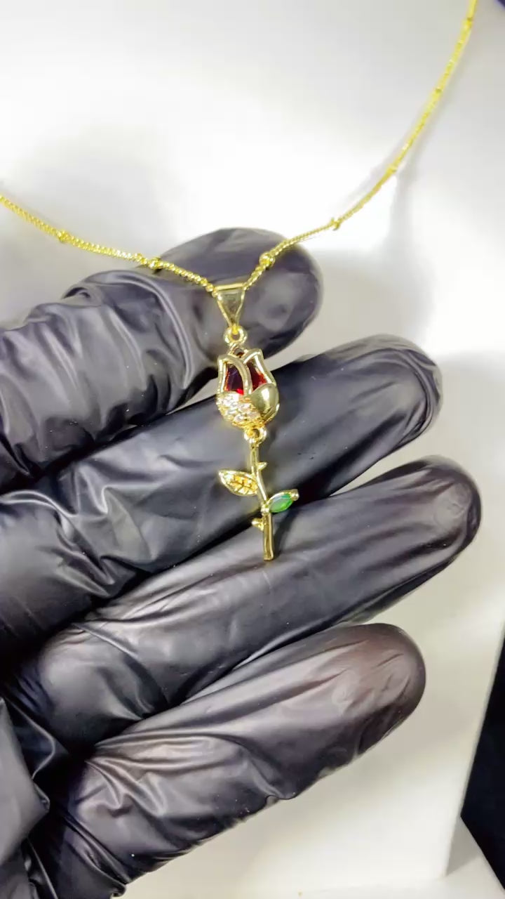 Elegant Red Rose Flower Pendant Necklace – 18K Gold Plated Romantic Stem