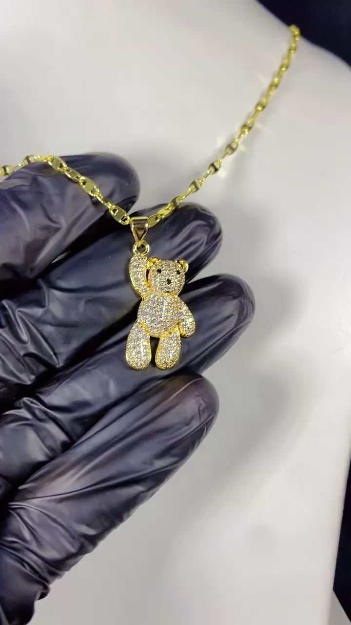 Crystal Paved Teddy Bear Pendant Necklace – 18K Gold Plated Cute Animal