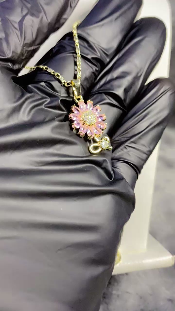 Charming Pink Zircon Sunflower Pendant Necklace & Matching Drop Earrings Set