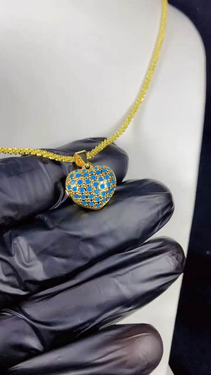 Turquoise Blue Puffed Heart Pendant Necklace – 18K Gold Plated Gemstone