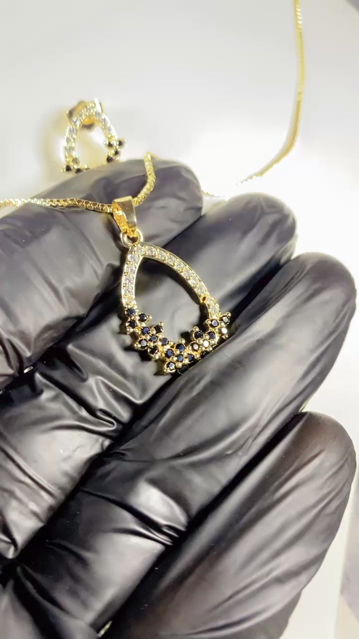 Black & Clear Zircon Teardrop Pendant Necklace & Stud Earrings Set