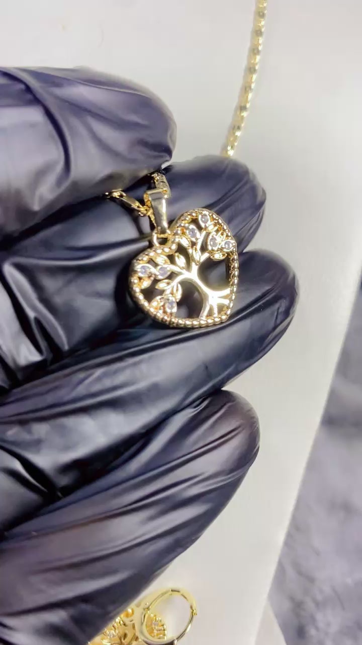 Heart-Shaped Tree of Life Pendant Necklace & Matching Earrings Set
