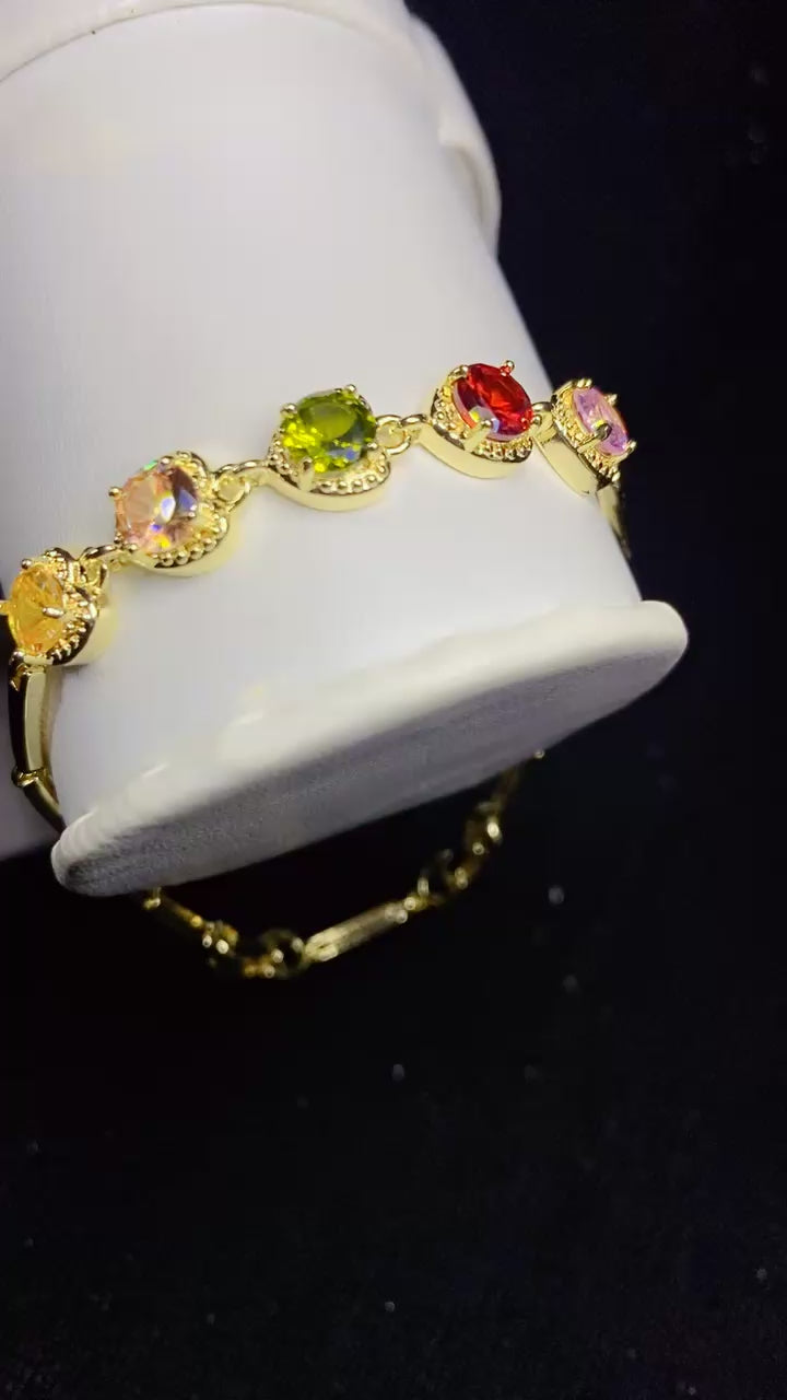 Gold-Plated Multi-Color Zircon Crystal Heart Link Bracelet – Vibrant Stone