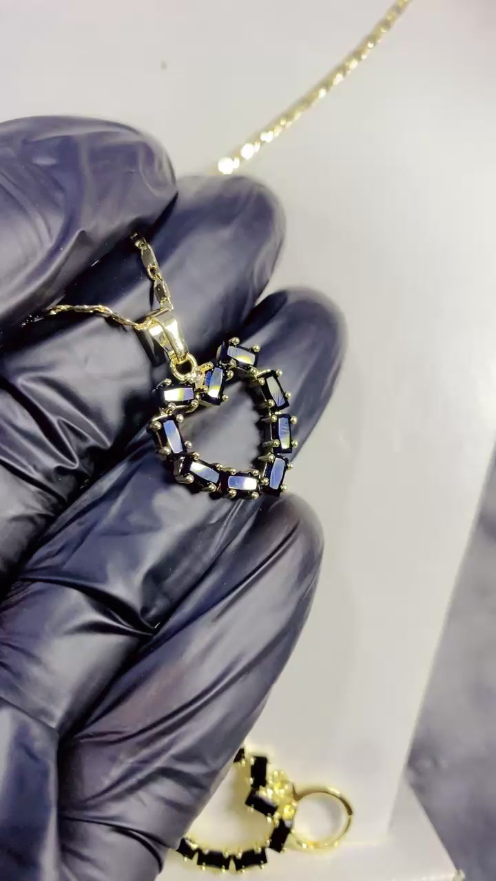 Edgy Black Baguette Zircon Heart Pendant Necklace & Matching Drop Earrings Set