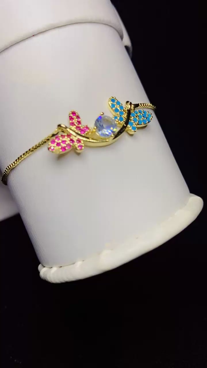 Luxury Multi-Color Butterfly & Solitaire Zircon Adjustable Bracelet – 18K Gold Plated