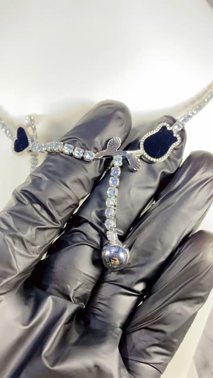 Silver-Plated Black Zircon Lariat Necklace and Ball Earring Set