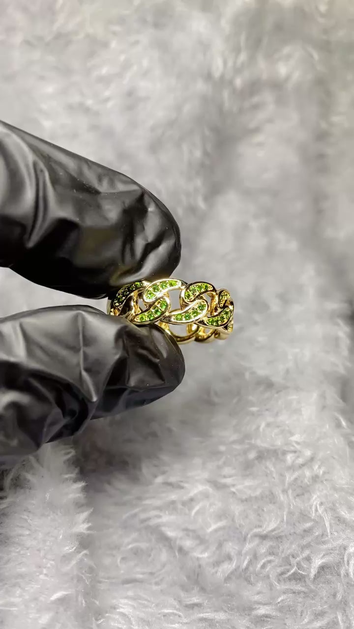 Emerald Green Zircon Cuban Link Chain Open Ring – 18K Gold Plated