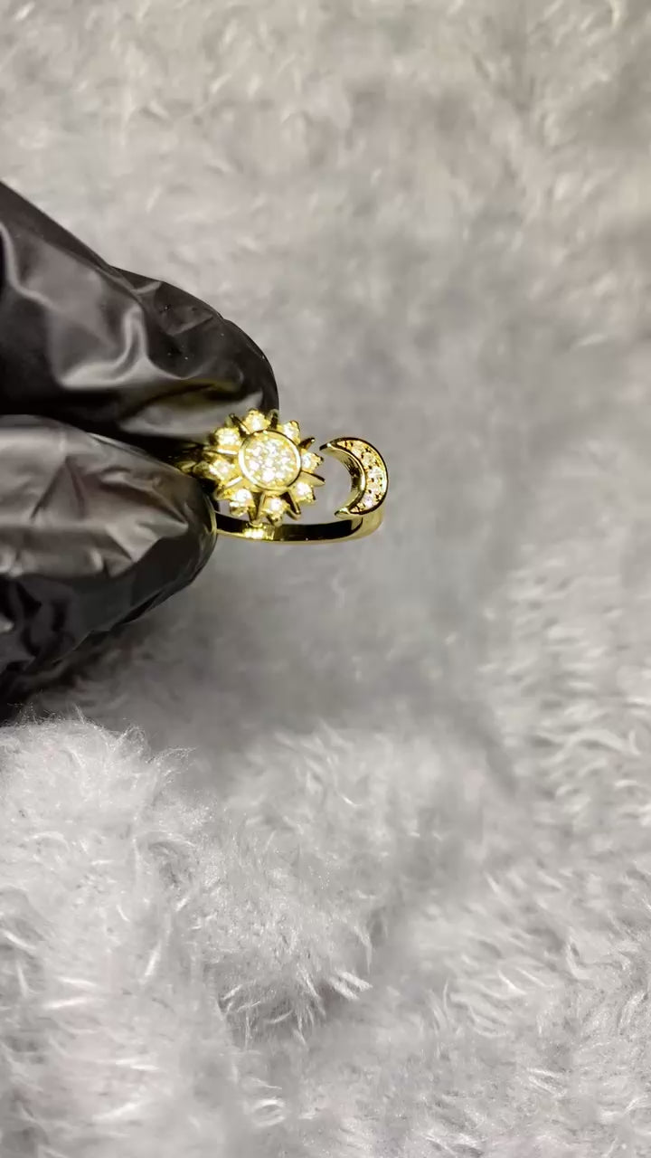 Gold-Plated Celestial Sun and Moon Ring – Adjustable Cosmic Statement Band