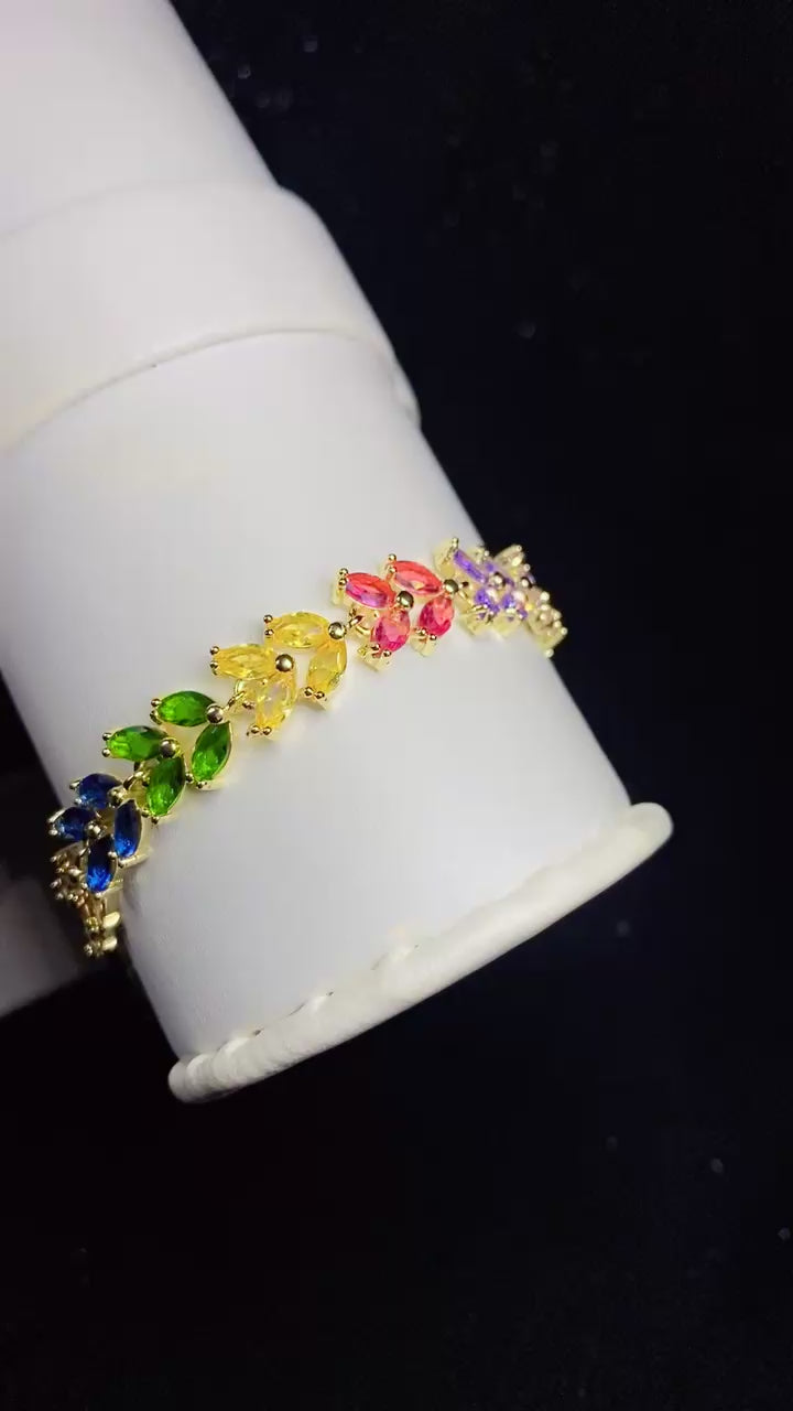 Multi-Color Rainbow Marquise Zircon Leaf Bracelet – 18K Gold Plated Statement Wristwear