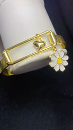Gold-Plated Enamel Smiley Flower and Heart Charm Bangle Bracelet