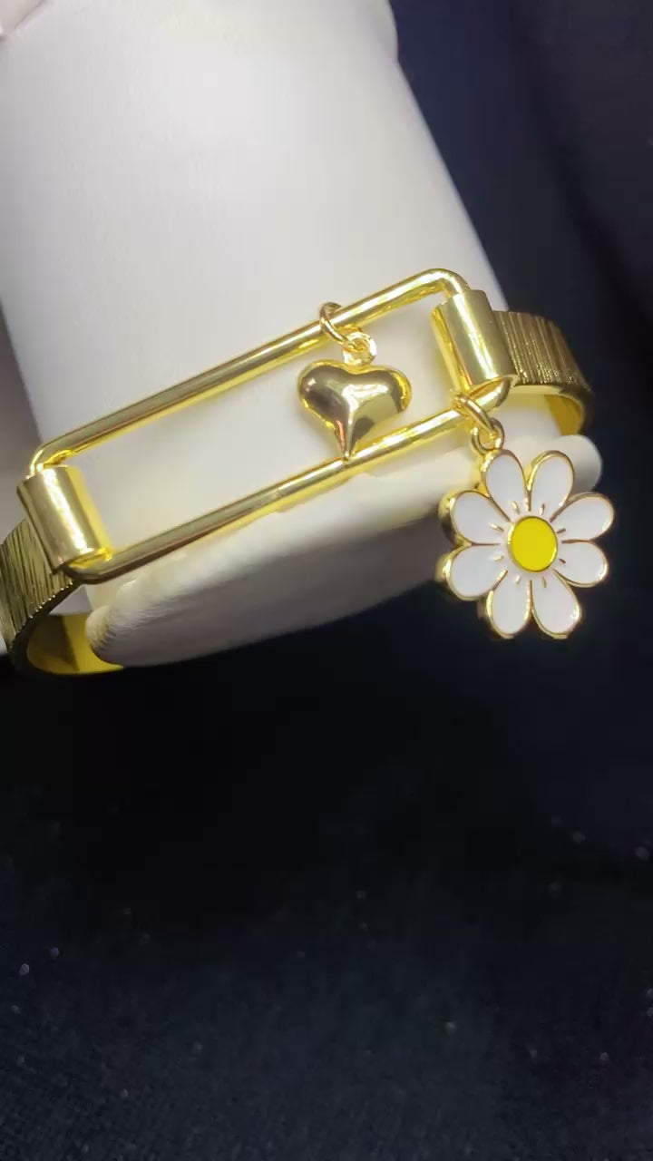 Gold-Plated Enamel Smiley Flower and Heart Charm Bangle Bracelet