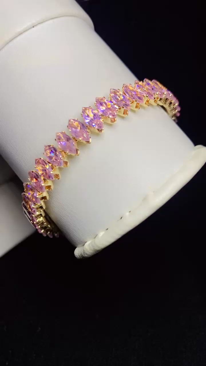 Gold-Plated Pink Zircon Marquise Cut Eternity Bangle Bracelet