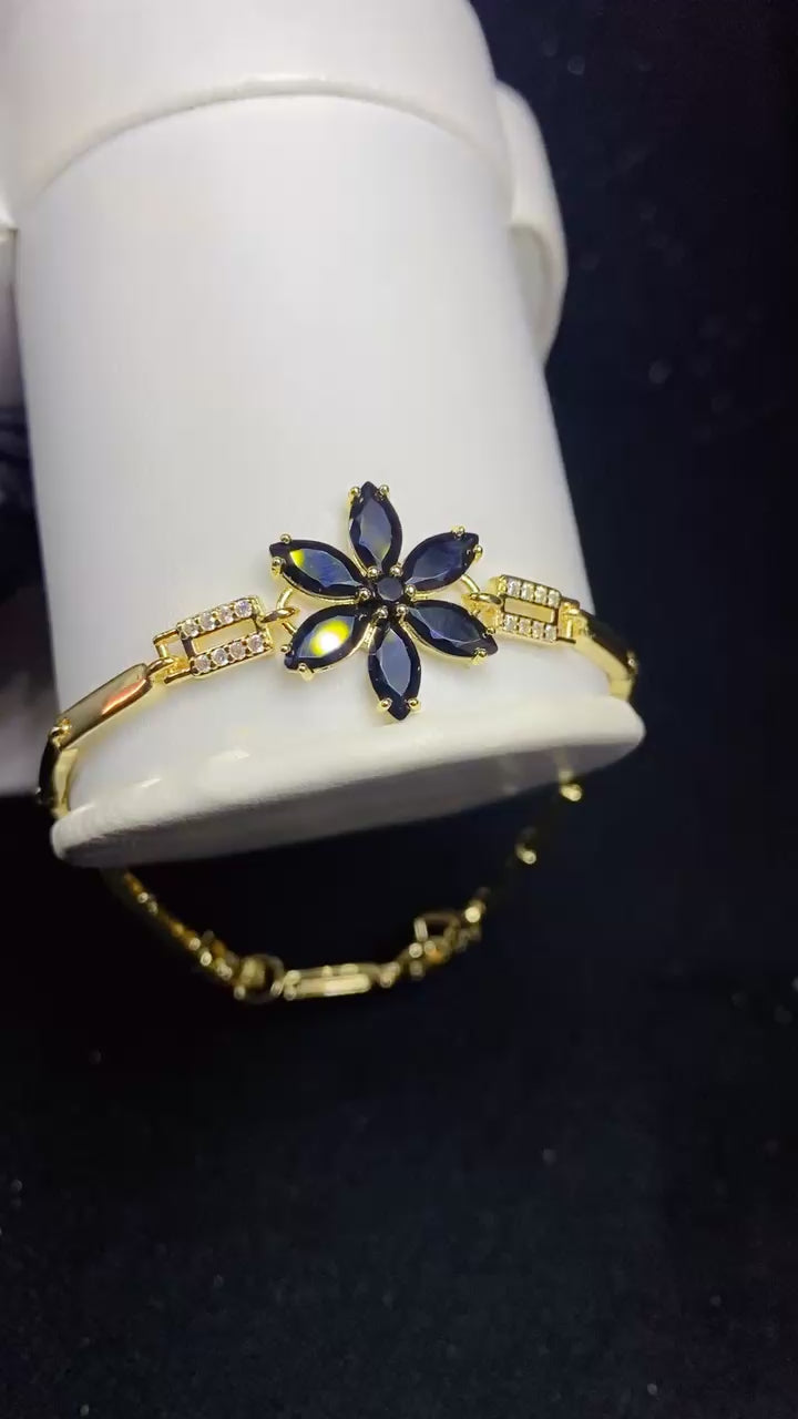 Bold Black Crystal Flower Statement Bracelet – 18K Gold Plated Link Chain