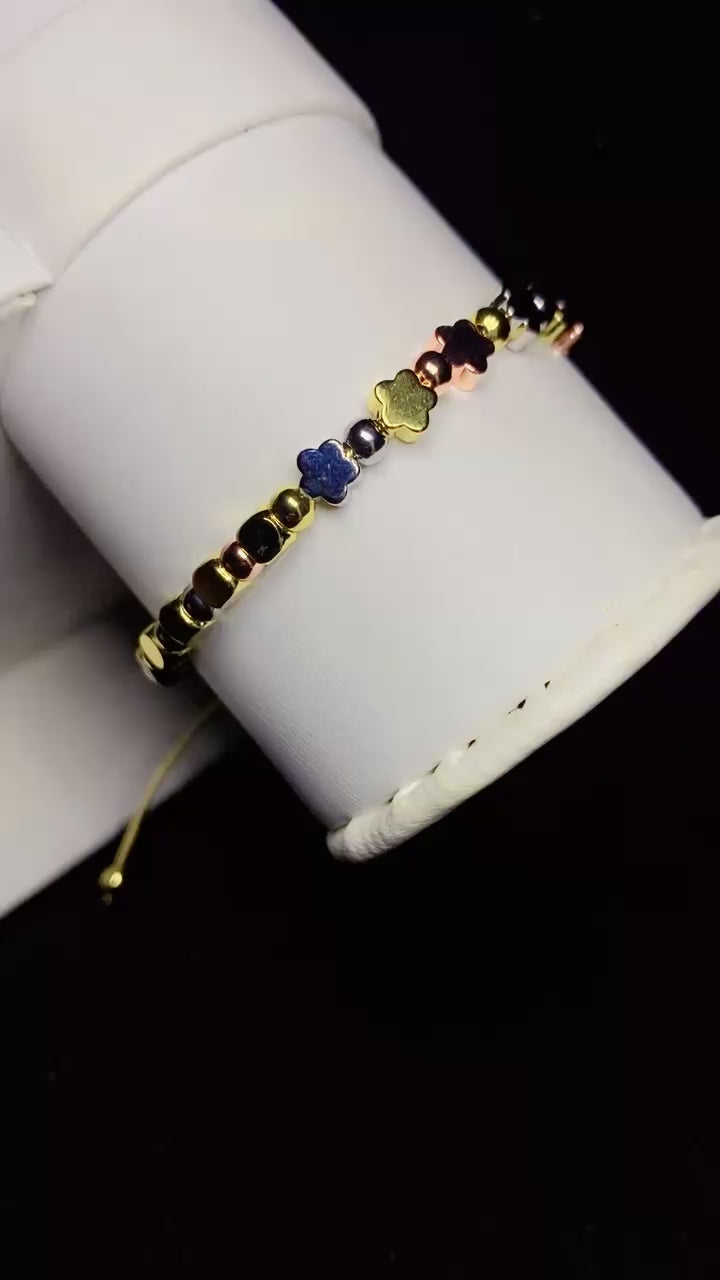 Tri-Color Zircon Flower and Bead Adjustable Slider Bracelet