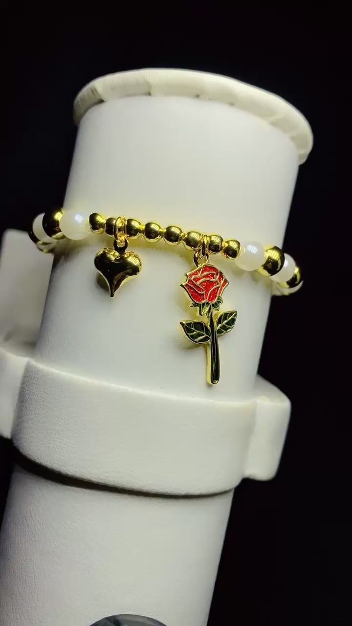 Gold-Plated White Pearl and Gold Bead Rose and Heart Charm Bracelet