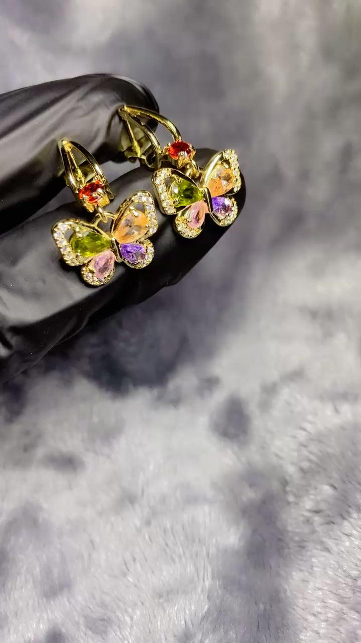 Multi-Color Zircon Crystal Butterfly Dangle Earrings – 18K Gold Plated Whimsical Jewellery